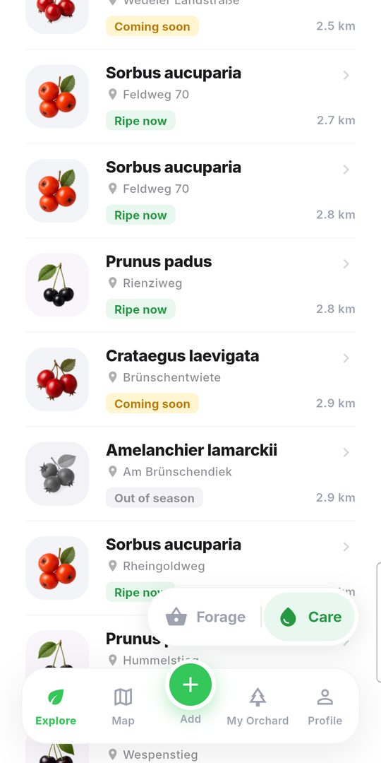 Lista de árboles comestibles cercanos, ordenados por distancia