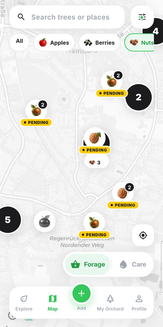 Mapa de árboles frutales gratuitos cerca de ti, un pin por árbol